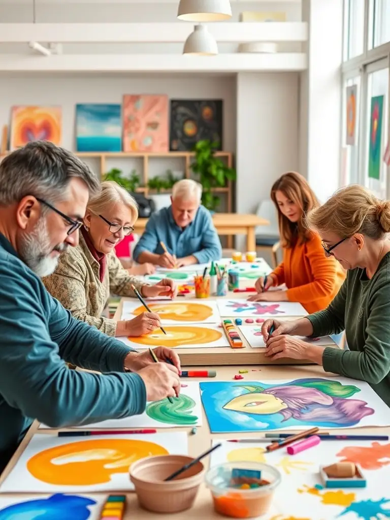A group of participants creating art during a workshop, highlighting their creativity and collaboration, with various art supplies and finished pieces displayed around them.