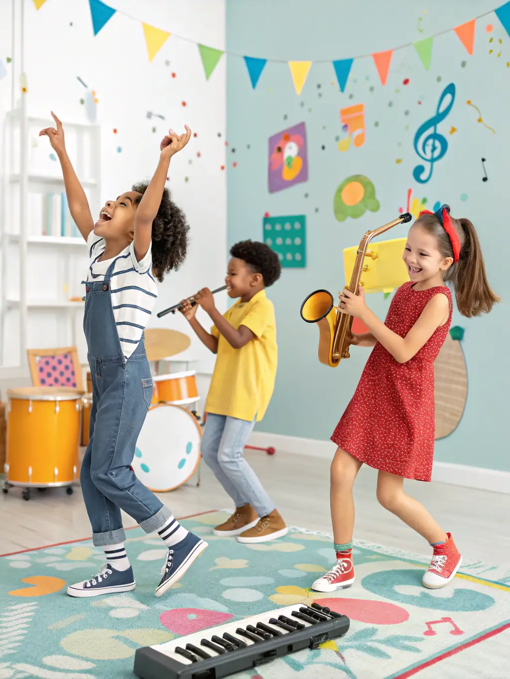 A vibrant photograph capturing children participating in a dance workshop, showcasing their joyful expressions and energetic movements, set against a backdrop of colorful art supplies and musical instruments.