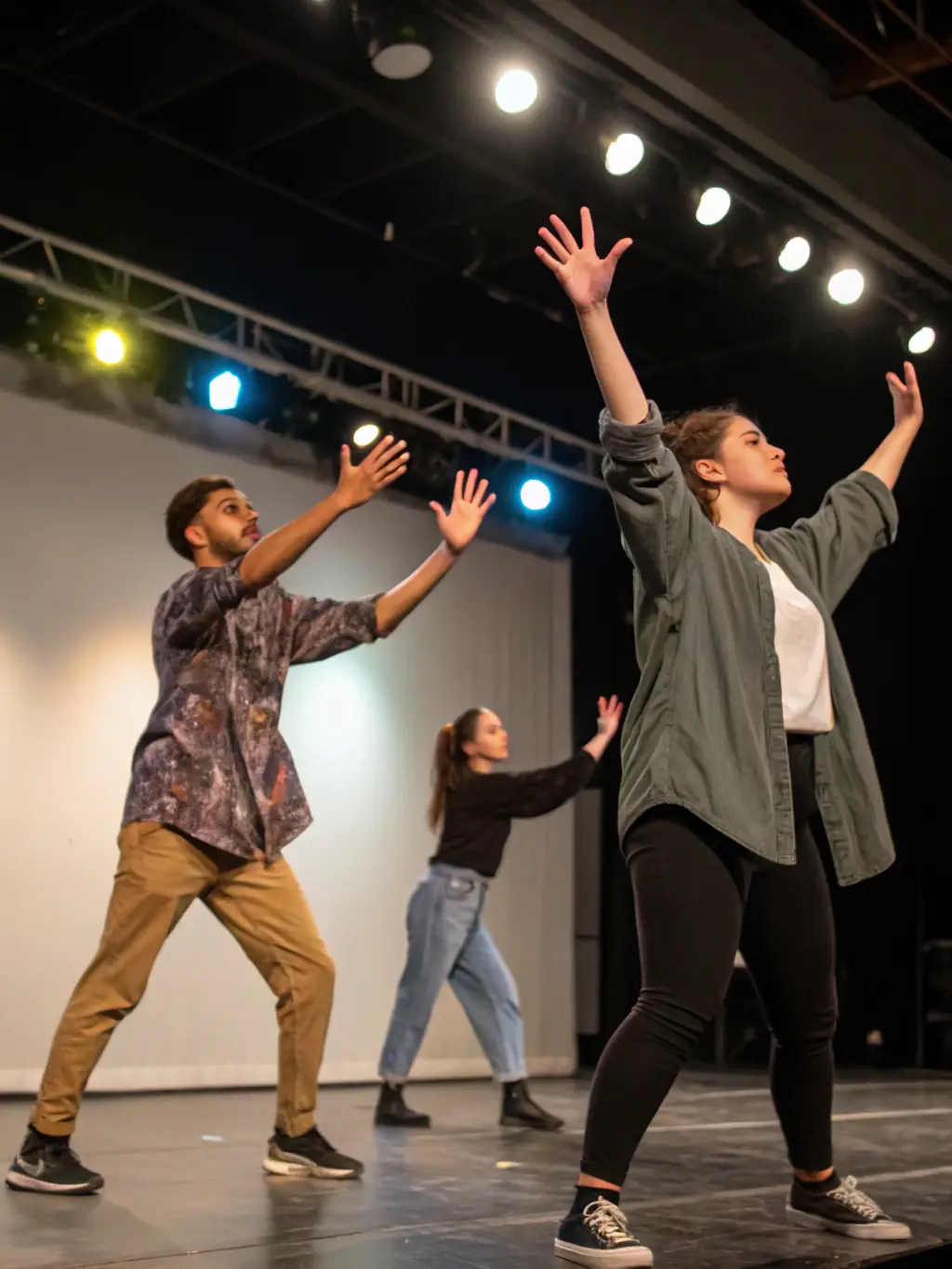 A dynamic image of a theater workshop, featuring actors rehearsing a scene with expressive gestures and costumes, under the guidance of a director.
