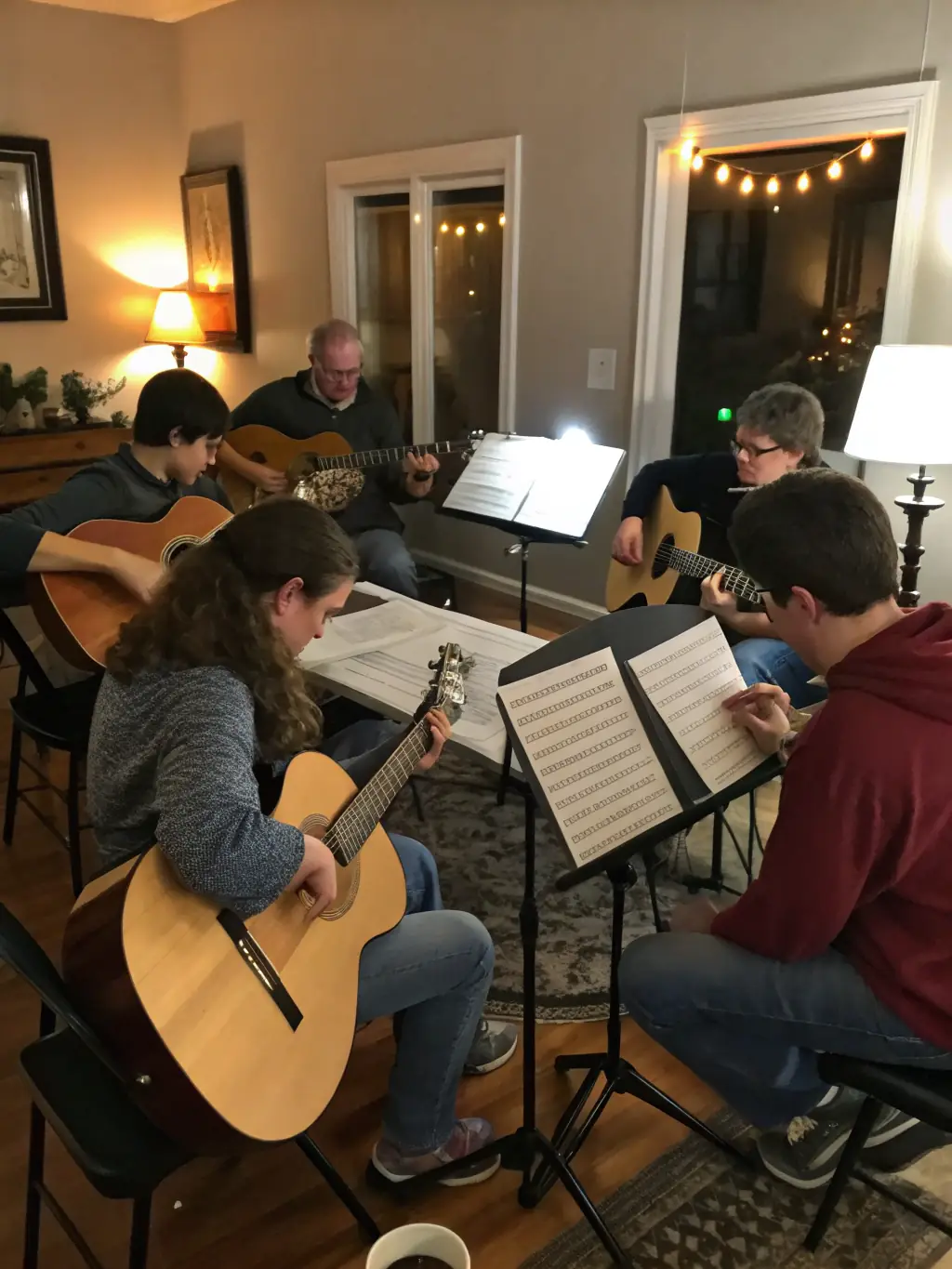A captivating image of a music workshop, showing participants playing different instruments and singing together, led by a skilled musician.