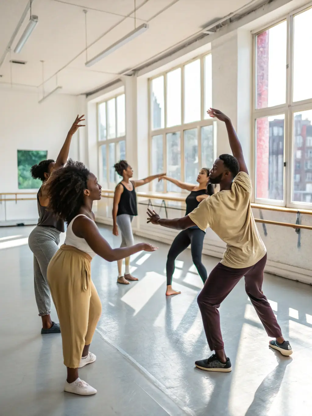 A vibrant photograph capturing a diverse group of participants engaged in a cultural dance workshop, showcasing energetic movements and joyful expressions.