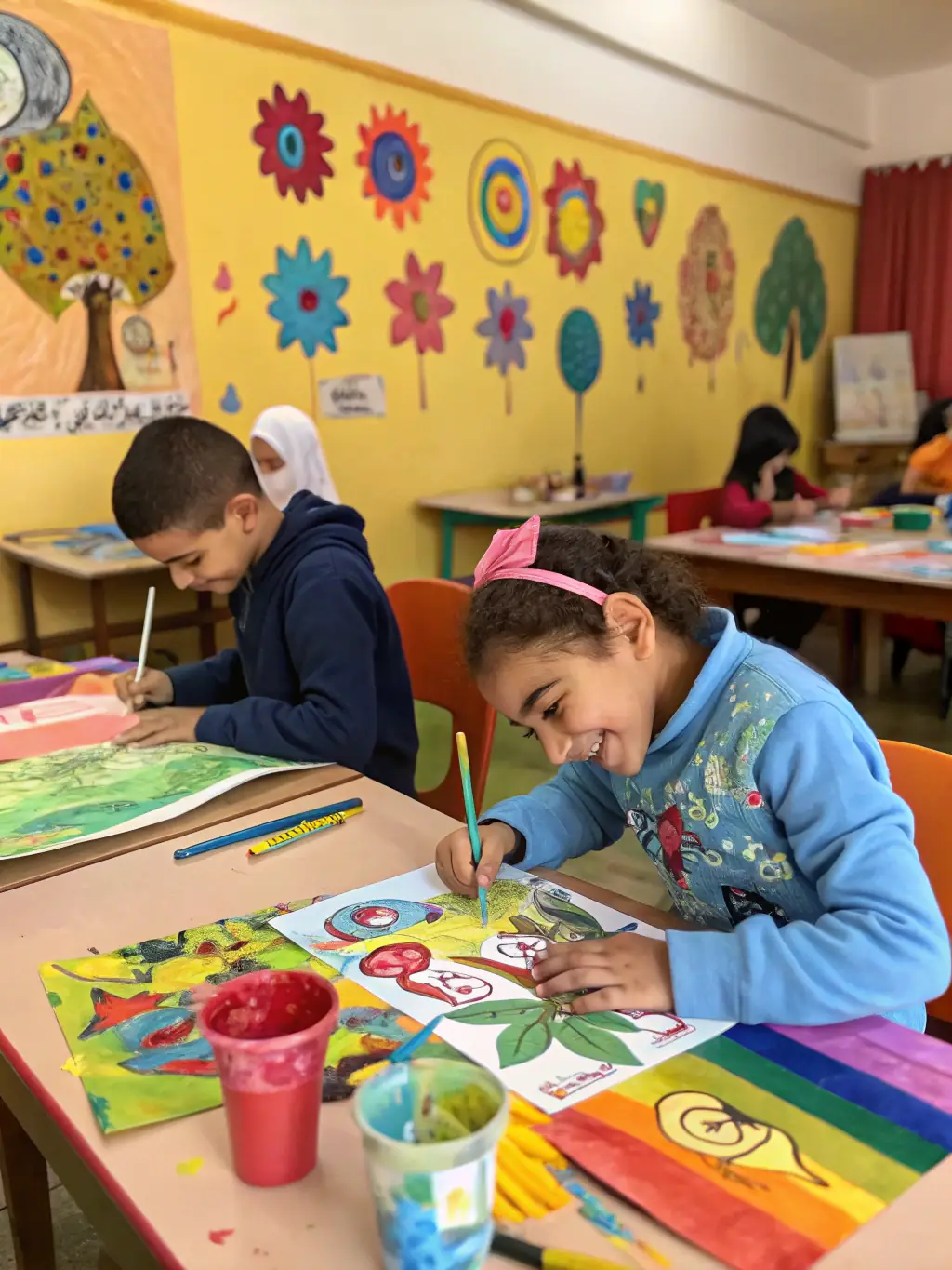 A colorful photograph of children creating art during a creative arts workshop, with paintbrushes, canvases, and other art supplies scattered around.