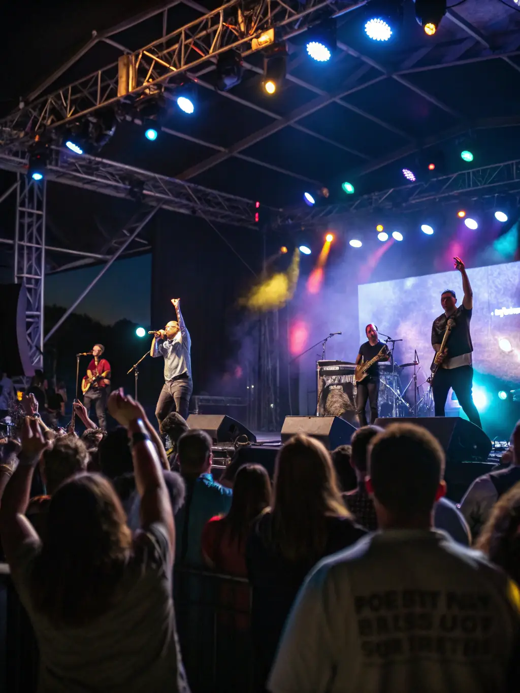 A close-up shot of musicians playing instruments during a live performance, emphasizing their passion and skill, with an enthusiastic audience visible in the background.
